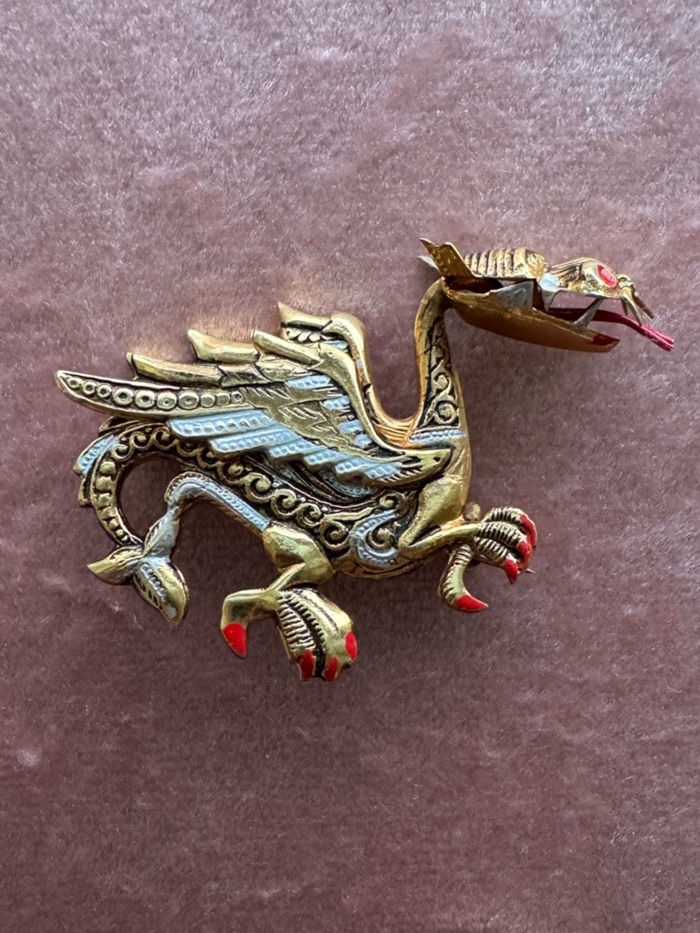 🐉 Vintage Spain Damascene Dragon Brooch Gold Tone Red Enamel Statement Pin